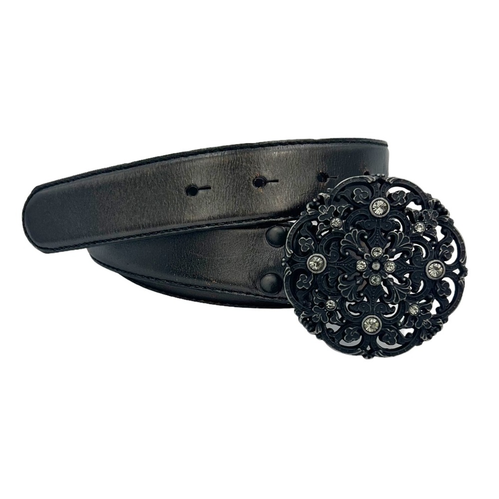 Fossil | Crystal Round Buckle Brownish Black Leather Belt Size M Style BT3308001